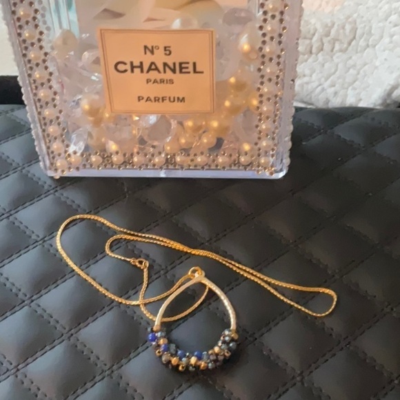 Teardrop Blue and Gold necklace with beautiful beading - Picture 1 of 4